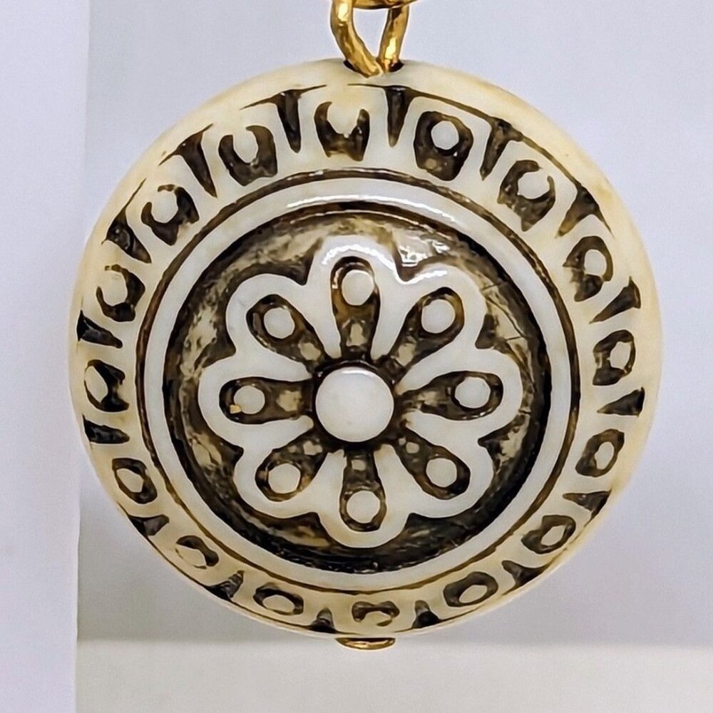 Vintage Floral Mandala Cream Dangle Earrings With Bronze Accent Beads Boho